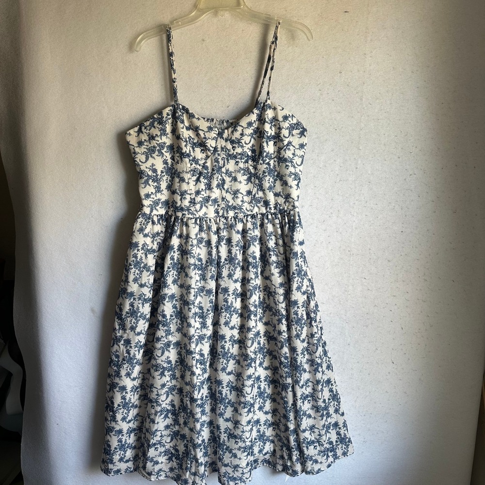 Cider‎ Blue White Floral Toile Bustier Midi Dress Smocked Back Plus Size 1XL NWT